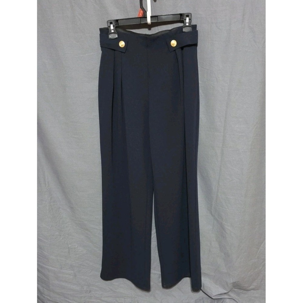 H&M Wide Leg Pleated Pants‎ Size 5 Elastic Waist Faux Belt Gold Buttons Career